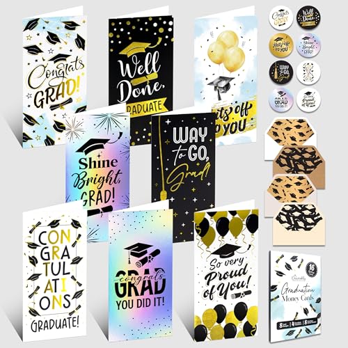 Decorably 16 Pack Gold Foil and Holographic 3x6.5in Graduation Cards Money Holder with Envelopes and Stickers 8 Festive Designs with Cash Sleeve for Graduates with Printed Message Inside
