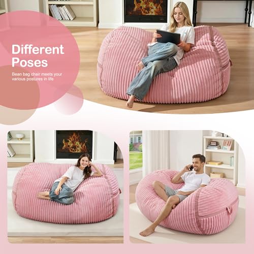 Image of 4FT Bean Bag Chair 4'Big Bean Bag Chairs with Adults, Large Beanbag Chair | Bean bag Lounger with Machine Washable Cover Corded Plush Fabric, Comfy Chairs for Living Room Bedroom Dorm, Pink