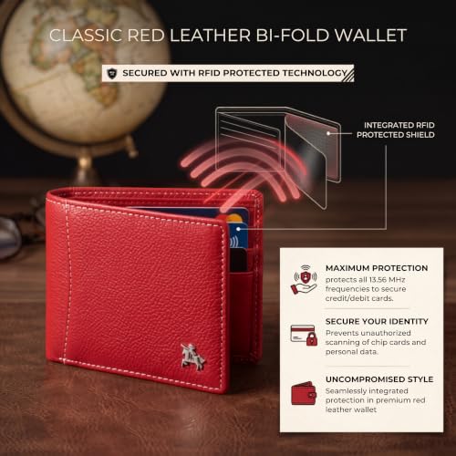 Image of LONDON ALLEY Slavia Red Leather Wallet for Men, 6 Card Slot | RFID Protected