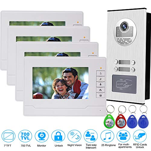 uoweky 7 TFT-LCD Video Timbre Intercomunicador Sistema de Teléfono de Puerta 4 Monitores Interiores + 700TVL IR Cámara Exterior Visión Nocturna Alta Resolución para 4 Apartamentos/Familias