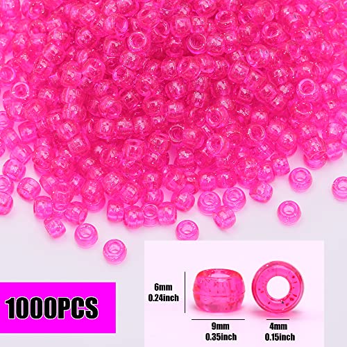 Image of 1000Pcs Pony Beads Bracelet 9mm Hot Pink Glitter Plastic Barrel Pony Beads for Necklace,Hair Beads for Braids,Key Chain,Jewelry Making (Hot Pink Glitter)