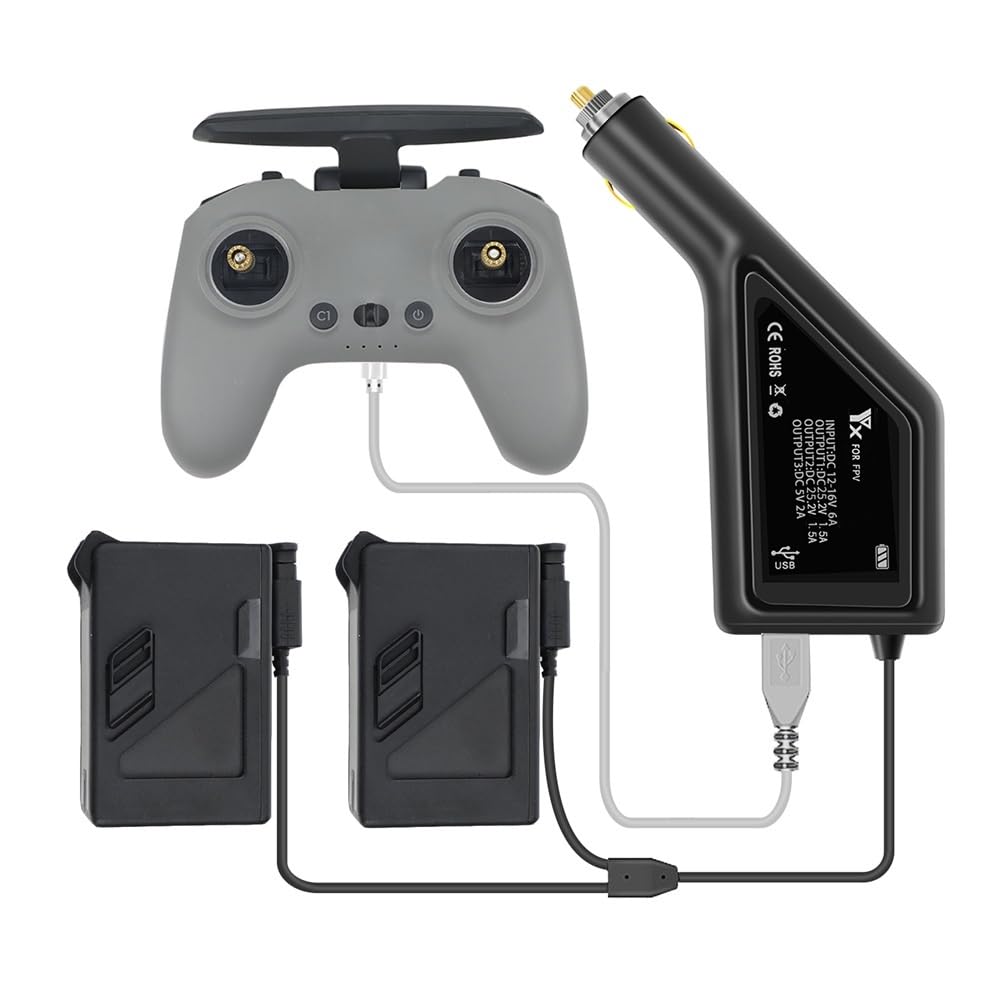 Caricabatteria da auto a doppia batteria Taoke compatibile con FPV Combo, caricabatteria da auto intelligente con porta di ricarica USB per drone FPV