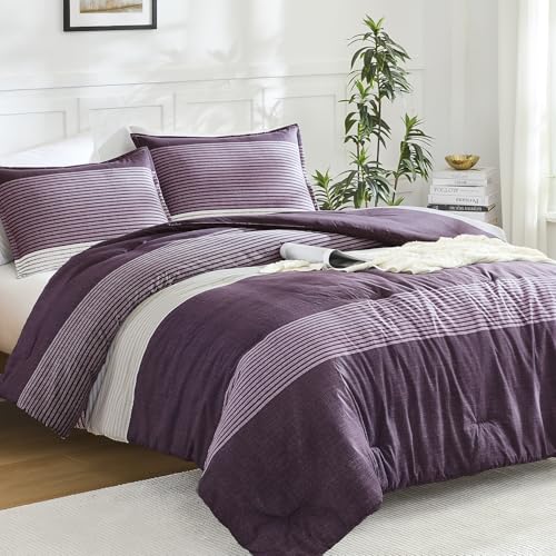 Edredón morado Queen reversible y ligero con juego de cama de rayas esponjoso 2