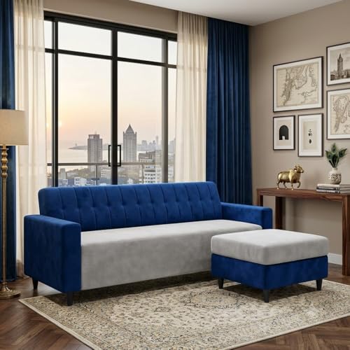 Image of FURNY Luxe 4 Seater L Shape Sofa Set with Movable Ottoman | Flexible Left or Right Layout | Plush Velvet Fabric (Dark Blue-Light Grey) | Perfect for Living Room, Guest Room & Office