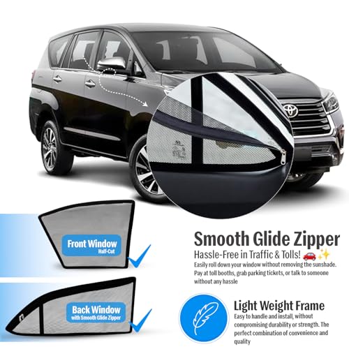 Image of Autofact Magnetic Car Sunshades Compatible with Toyota Innova Crysta (2016 to 2024) (Set of 4) - Easy Installation, UV Protection (Front 2 Half-Cut for Side Mirror Visibility, Rear 2 with Zippers)