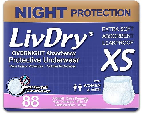 Image of LivDry Adult Incontinence Underwear, Overnight Comfort Absorbency, Leak Protection, X-Small (88 Count)