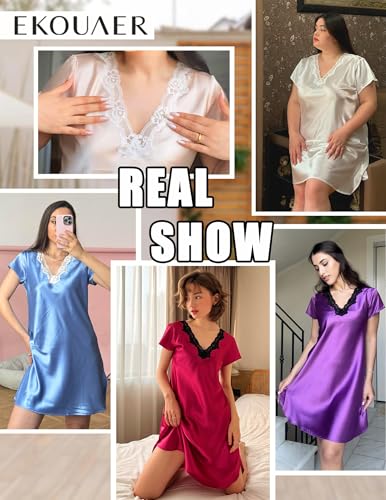 Image of Ekouaer Satin Nightgowns for Women Lace Nightgown Short Sleeve Nightshirt | Satin Night Gowns Women Sexy, Short Sleeves Night Dress, Lace V Neck, Above Knee Length, Cocktail Dates,Bridal Nightgowns