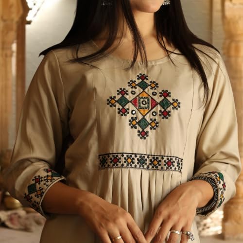 Image of Women's Beige A-Line Rayon One Piece Kurta with Cross Stitch Embroidery | Ethnic Casual Wear Kurti | 3 /4 Sleeve Embroidered Kurta | (M-5XL)