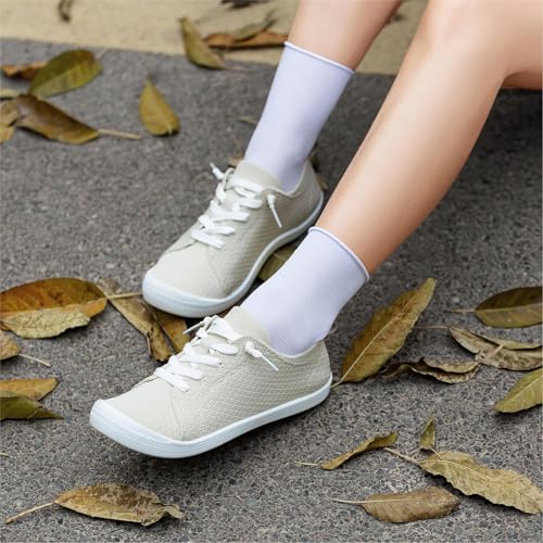 Image of Women's Barefoot Slip-On Sneakers, Slightly Roomy Toe Box, Arch Support Breathable Mesh Walking Loafers with No-Tie Elastic Laces, Non-Slip for All-Day Wear | Size Up Half Size for Wide Feet & High Instep