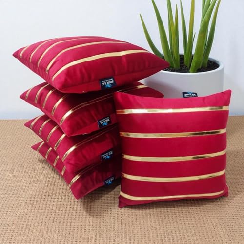 Image of Zikrak Besur Gold Stripe On Velvet|Pack of 5 Cushion Cover|for Home Decoration|Living Room Decor|Hotel Premeuim Quality Cushion Cover|Exclusive ON Amazon (Maroon, 16 X 16 INCH(40 X 40 CM))