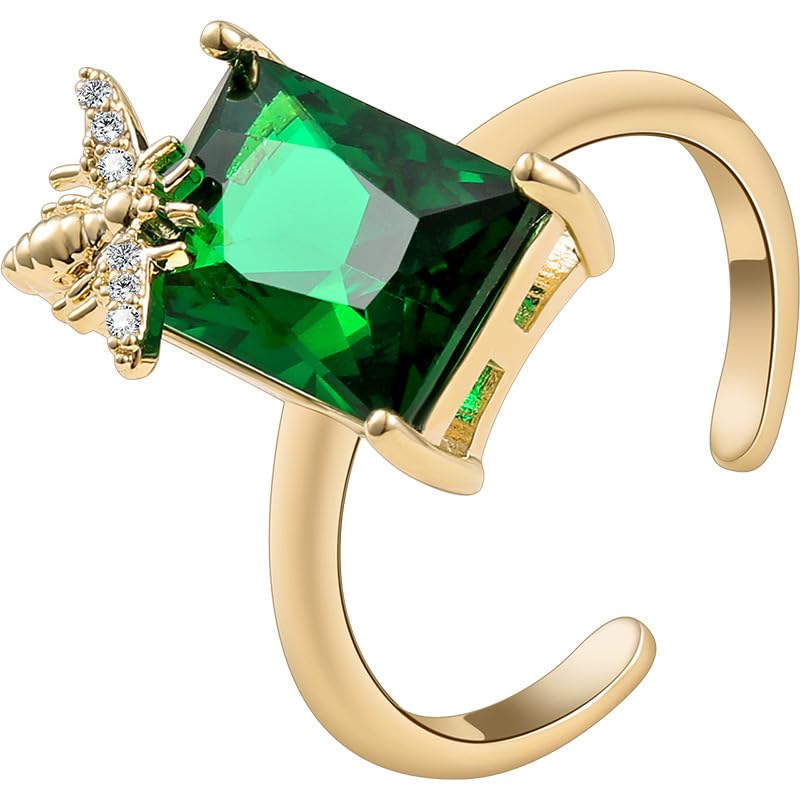 Emerald Green CZ Square Statement Ring for Women 14K Gold Plated Cute Honeybee Bee Rectangle Crystal Adjustable Open Finger Bands Stacking Wedding Engagement Promise Rings Delicate Jewelry for Bride
