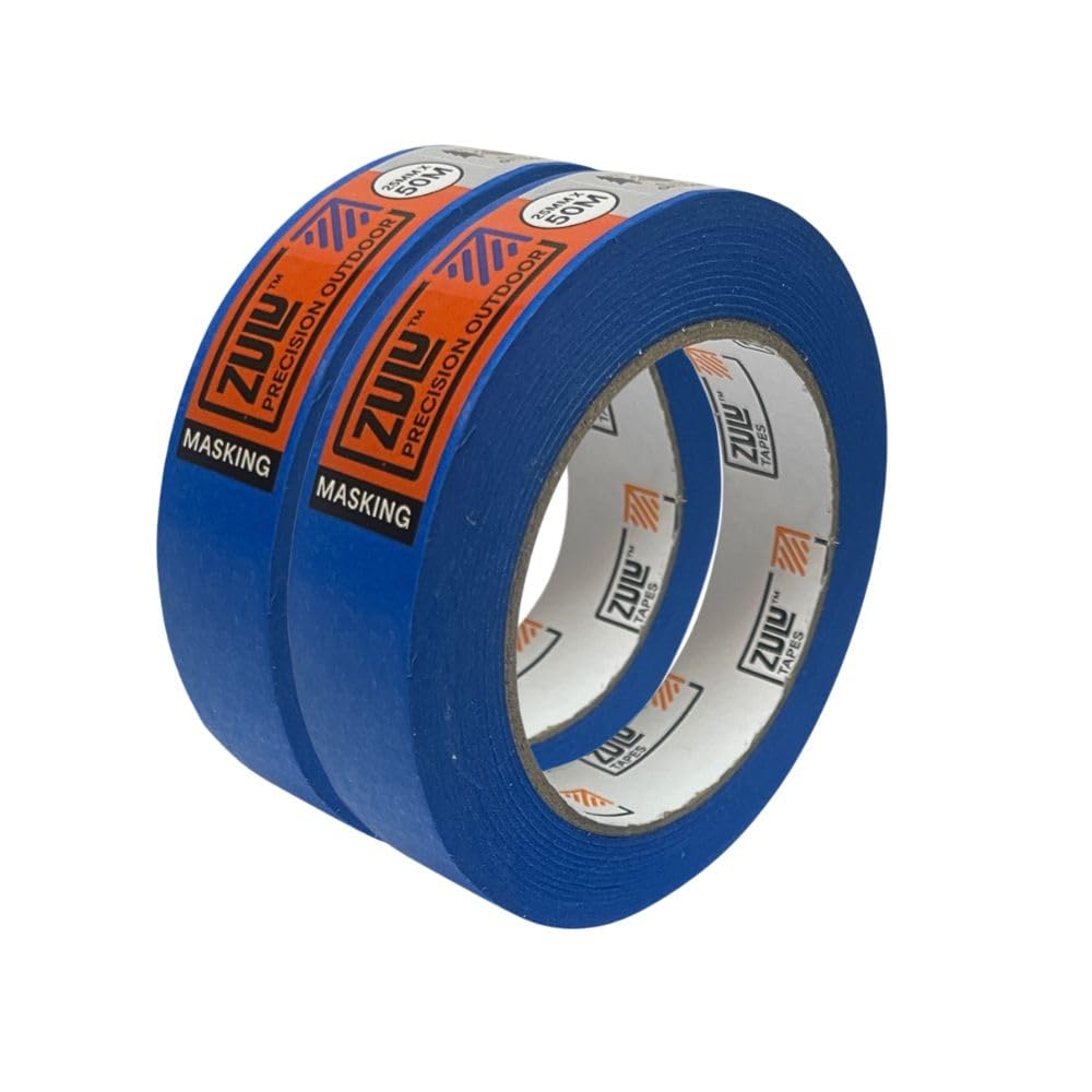 Zulu Precision Masking Tape for Painters 25mm x 50m - Multi Surface Outdoor Blue Adhesive Tape for Painting, DIY, Decorating - UV Heat Resistant, Waterproof - Up to 6mth Removal | (2 Pack)