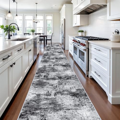 RUUGME Washable Hallway Rug 3x20 - Runner Rug Stain Resistant for Living Room Non Slip Indoor Entryway Rubber Backing Carpet Bedroom Kitchen Distressed Floor Decor Mat Machine Washable 3x20 Black A