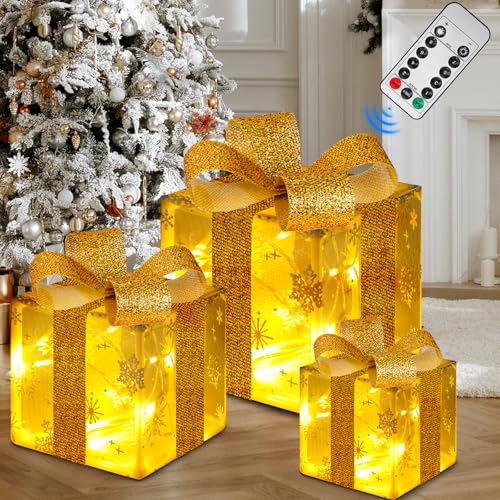 Vsasaㅤ 3-Piece Christmas Lighted Gift Boxes,with 50 LEDs, Foldable Transparent Snowflake Patterns Lighted Gift Boxes Christmas Decoration with Remote Control, Boxes Decorations
