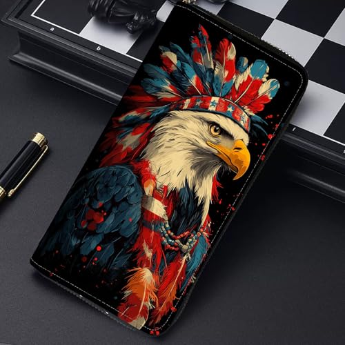 Image of RFID Blocking Leather Wallet for Women - Large Capacity Zip Around Clutch with 8 Card Slots,9 Cash Pockets & Coin Zipper,Bald Eagle Tribe Chief