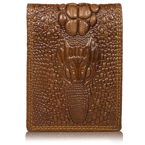 Image of Men's Top Grain Leather Wallet with Crocodile 3D Print | 8 Card Slots Bifold Wallet | RFID Protected (Tan)