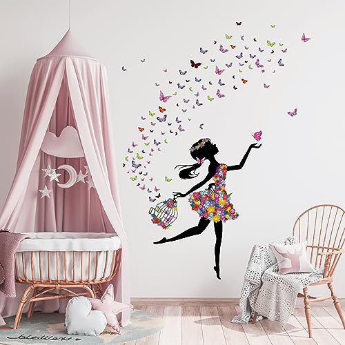 Tanlaby Stickers Muraux Fée Fleur Autocollants Mural Fille Papillon Stickers Muraux Cage à...