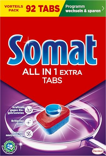 Somat All in 1 Extra Spülmaschinen Tabs (92 Tabs) Geschirrspül Tabs für strahlend sauberes Geschirr auch im Kurz- & Eco-Programm entfernt Eingekrustetes und sorgt für brillanten Glanz