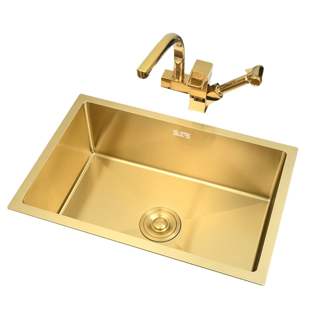 WIQUYBML Single Bowl Stainless Steel Gold Kitchen Sink 60 * 40cm Embedded In Home Siphon With Faucet Easy To Clean (Color : Gold, Size 78 43 21cm)