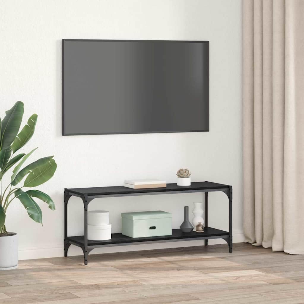 Szafka pod telewizor, czarna, imitacja dębu, 100 x 33 x 41 cm, z 2 półkami, do salonu, biura, miejsca do przechowywania mebli