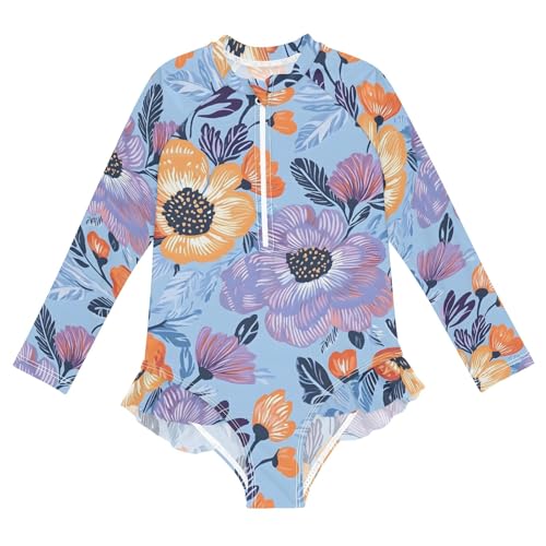 CHIFIGNO Girls One Piece Swimsuit Quick Dry Rashguard Zipper Swimwear, Orange Purple Flowers Blue 3T