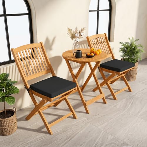 Image of Tangkula 3 Piece Patio Folding Bistro Set, Outdoor Acacia Wood Chair and Table Set w /Padded Cushion& Round Coffee Table, Ideal for Indoor Patio Poolside Garden (Black)