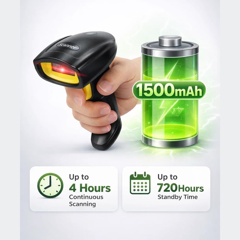Wireless 2.4GHz 2D & 1D Barcode Scanner (QR Code & Barcode) Wired & Wireless(Rechargeable) Connectivity | Induction Scanning with Built-in Illumination Light |Strong ABS(1-Year Warranty)
