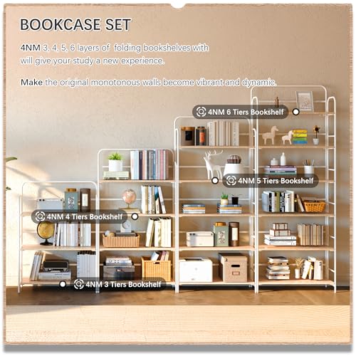 Image of 4NM No Assembly Folding Bookshelf, 6 Tiers Collapsible Book Shelves Open Industrial Foldable Storage Bookcase Shelf for Bedroom, Living Room, Home Office - Natural and White