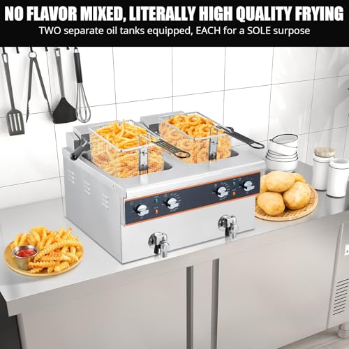 GarveeHome High-End Tabletop Fryer with Oil Drain Valve, Double-Cylinder, 16L Oil Capacity, 120V, 1800W+1800W, Timer, 201 Stainless Steel Frying Basket