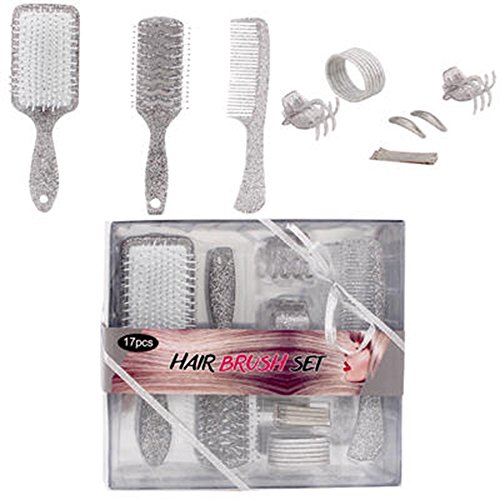 Hair Brush Styling Set 17-Pc Girls Glittered Silver: Comb, Clips, Elastic Bands