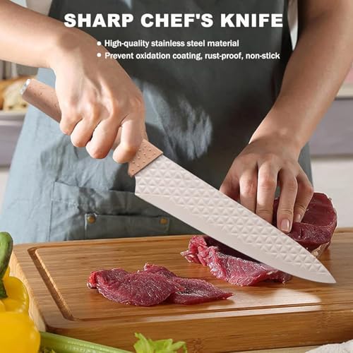 Image of Luxury 6 in 1 Wooden Coating Knife Set Light Wood Grain Handle Anti-Rust Non-Stick Stainless Steel Sharp Edge with 4 Knifes, 1 Stand, 1 Scissor for Hotel, Travel, Meat, Fruits (Khaki)
