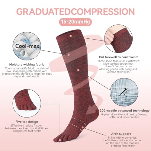 Image of 3 Pairs cool-max Compression Toe Socks for Women 15mmHg Circulation Support Socks for Athletic Running Cycling Red Medium