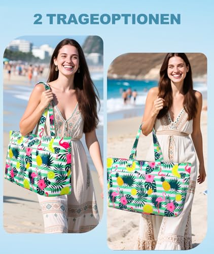 ISEYOU Strandtasche XXL Familie, Groß Strandtasche mit Reißverschluss Wasserdicht Sanddicht, Handtasche Umhängetasche Damen 45L, Faltbar Ultraleicht Badetasche für Urlaub Reisen Fitnessstudio Picknick