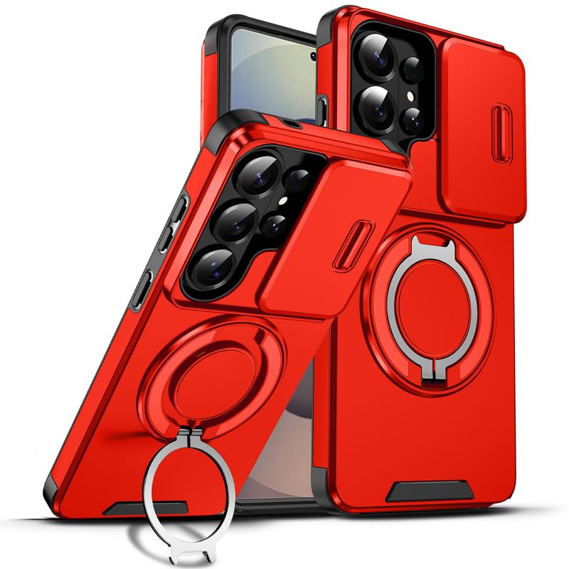 Image of LuxuryKase Shockproof Rugged Case for Samsung Galaxy S26 Ultra | Slide Camera Cover | 360 Rotating Ring Kickstand | Military-Grade Protection - Cherry Red