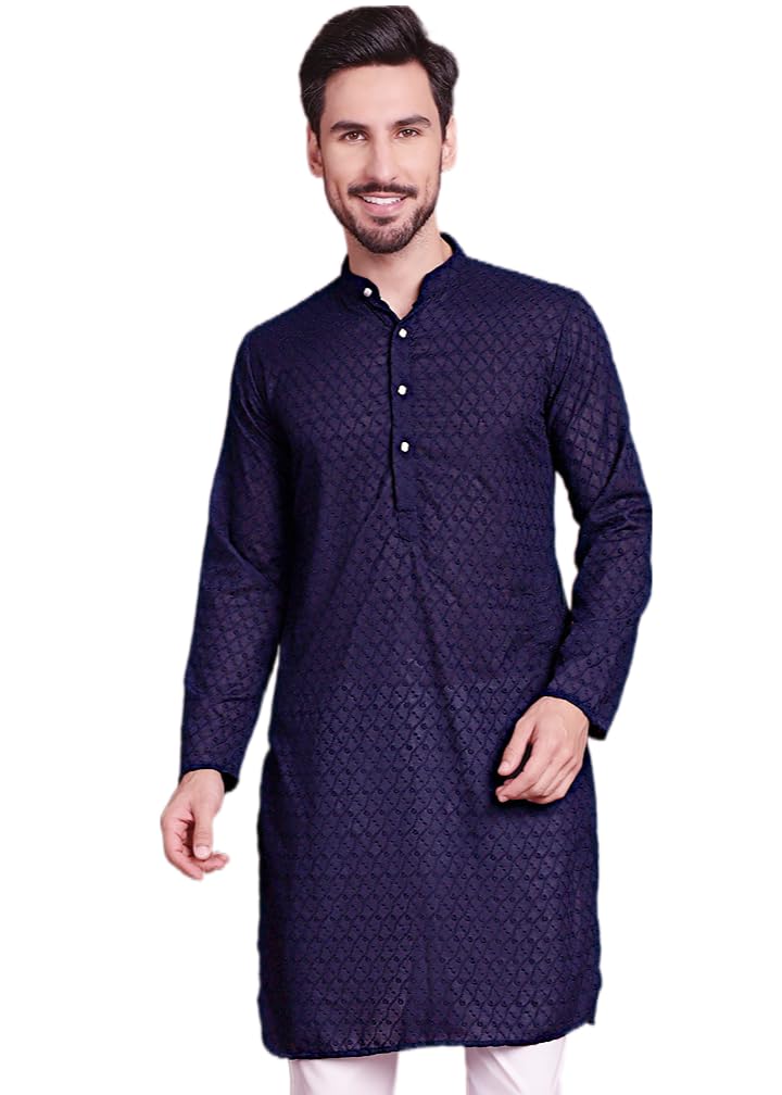Jompers Chikankari Pure Cotton Kurtas For Men (Navy, Xl)