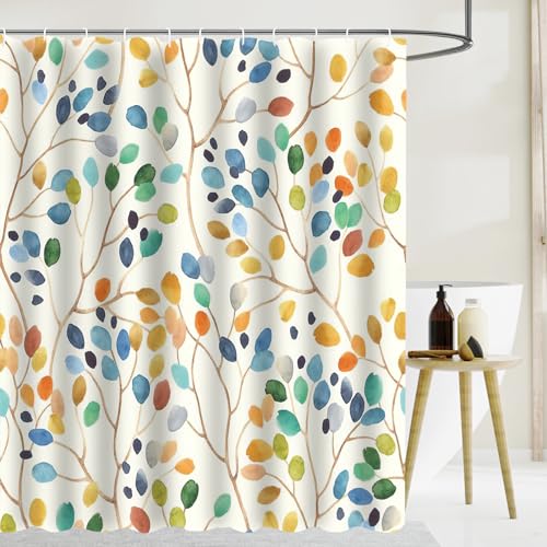 KQDRAVINE Cortina de ducha antimoho, 180 x 180 cm, lavable, tela de, con ojales y 12 anillas, diseño de plantas multicolor con ojales, diseño bohemio
