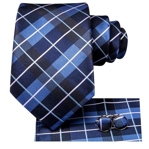 Image of Hi-Tie Mens Plaid Ties Classic Paisley Necktie with Handkerchief Cufflinks Set Business Stripe Tie