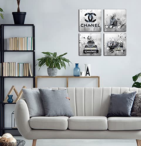 Meetdeceny Fashion Wall-Art For Bedroom Women - Black And White Bathroom Decor Wall Art - Fashion Book Stack Grey Painting Canvas Artwork Size 10"X10" 4 Pieces Ready To Hang #TOP1