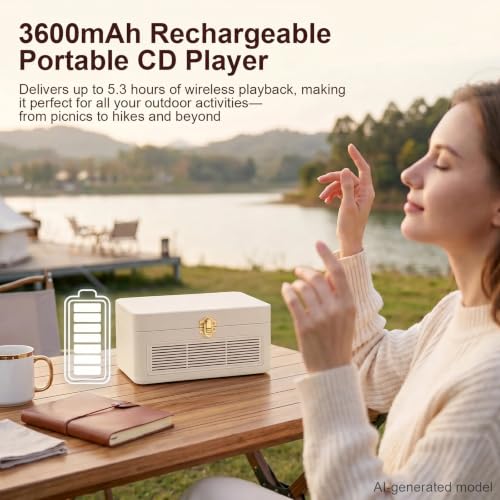Image of Gueray CD Player Portable Bluetooth: Retro CD Players with Speakers Vintage CD-Player 3600mAh Rechargeable & Radio & Remote Control Support USB /AUX Playback Headphone Jack (White)