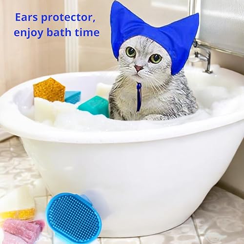 Image of Cat Shower Cap and Bath Brush set, Cat Ear Cover and Grooming Bathing Brush for Cats Puppy Small Dogs, Cat Ear Protection Stuff, Small Dog Cat Bathing Supplies, Pet Accessories (Blue)