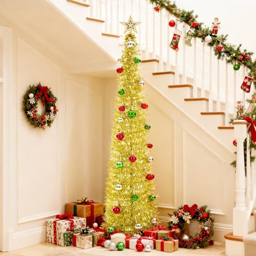 BrilliantJo Christmas Tree 5ft Artificial with Light and Topper Star Ball Pop Up Collapsible Stand for Xmas Holiday Party Decorations Home Office Display 150cm Gold