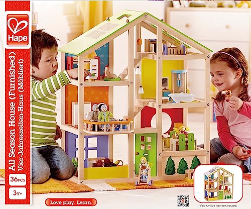 Hape Vier-Jahreszeiten Puppenhaus aus Holz Preisgekröntes dreistöckiges Puppenhaus mit Mobiliar, Zubehör, verschiebbaren Treppen und wendbarem Dach für Jede Jahreszeit