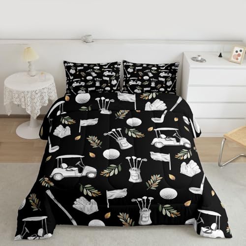 Image of Feelyou Black Golf Comforter Set Full Size Leaves Bedding Set for Kids Boys Girls Sports Golfing Theme Duvet Quilt Bedroom Decor Microfiber 3 Pcs with 2 Pillow Cases