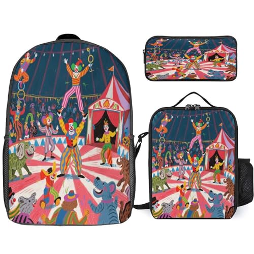 Printed Backpack With Lunch Pack Storage Box Case Circus Carnival 3pcs Lightweight Travel Backpack