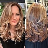 LEOSA Long Layered Wig Blonde Layered Wigs 16Inch Natural Wave Hair Wig for Women Daily Party Use Fashion Hair Replacement Wigs Synthetic (16Inch, Brown Mixed Blonde#)