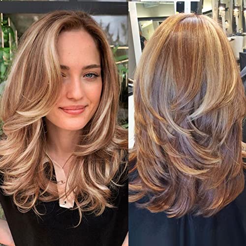 LEOSA Long Layered Wig Blonde Layered Wigs 16Inch Natural Wave Hair Wig for Women Daily Party Use Fashion Hair Replacement Wigs Synthetic (16Inch, Brown Mixed Blonde#)