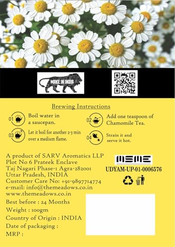 Image of The Meadows Calm Chamomile Tea - 100g - 150 Cups | Relaxing Herbal Infusion with Lemon Peel Notes (Pack of 1)