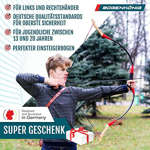 Bogenkönig 13,6 kg Holz Pfeil und Bogen Set mit Köcher Sportbogen für Präzises Zielen | Langlebig & Sicher für den Innenbereich | Ideal für Junge Bogenschützen | Kinderbogen Recurve Zielscheibeh