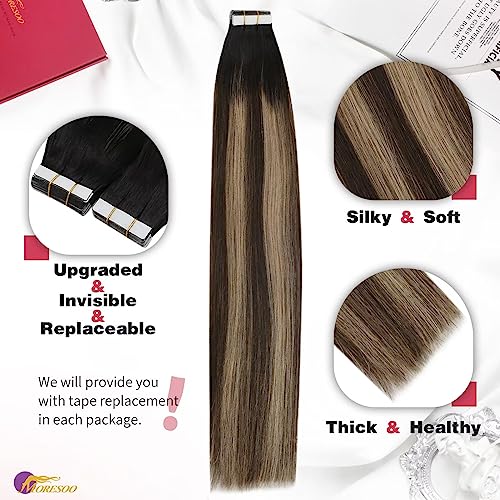 Image of Moresoo Ombre Tape in Hair Extensions Human Hair Tape in Balayage Hair Extensions Off Black to Blonde Mix with Brown Tape in Extensions Seamless Hair Extensions 18 Inch #1B /4 /14 20pcs 50g | Hair extensions tape in, dark root balayage, straight strands, added length for side parts, low ponytails and events