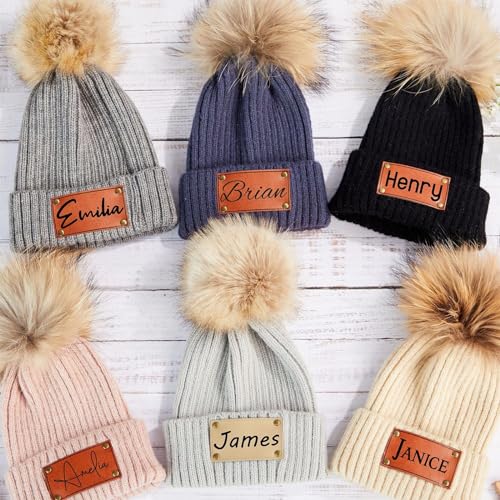Personalized Mama Mini Beanie Hat, 2 Pack Parent-Child Pom Pom Beanies, Custom Winter Warm Knit Hats Gift for Infant Baby2